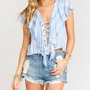 Treasure Lace Up Top ~ Sidewalk Stripe Periwinkle